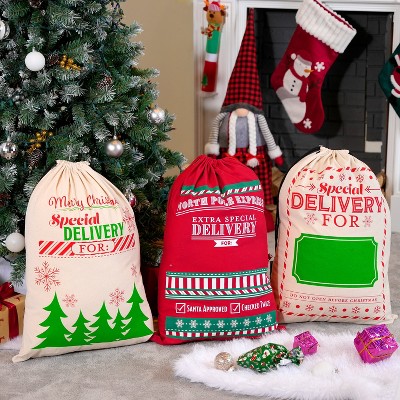 Joyfy 3 Pcs Christmas Canvas Gift Bag, 26" x 19" Drawstring Santa Burlap Sack Large Gift Bags for Christmas Gift Package Party Favors Hoilday Decor