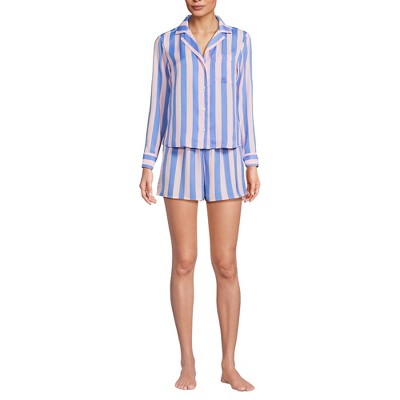 Lands' End Women's Plus Size Matte Satin 2 Piece Pajama Set - Long Sleeve Top and Shorts