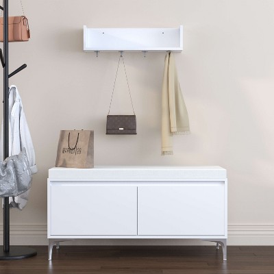 ORRD Wall-Mounted Entryway Shelf & Bench Set with Hooks - Modern White Closed Storage