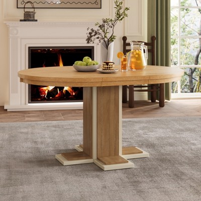 42''-58''W Extendable Dining Table Kitchen Table with Removable Leaf, Round to Oval, Retro and Rustic, Natural Wood Wash/Espresso-ModernLuxe
