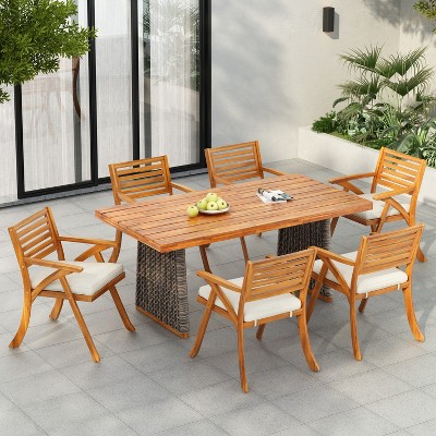 Christopher Knight Home Diana Rustic 7 Piece Outdoor Rattan Slatted Acacia Wood Dining Set with Cushions
