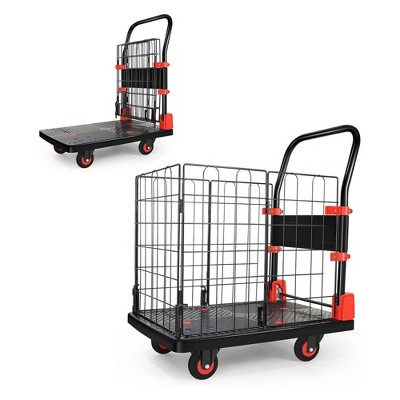 NAYSAYE Foldable Hand Truck Cart 330lbs Capacity Platform Dolly with Basket Cage for Easy Material Transport, Black and Red, 28.5"*19.1"*33.9"