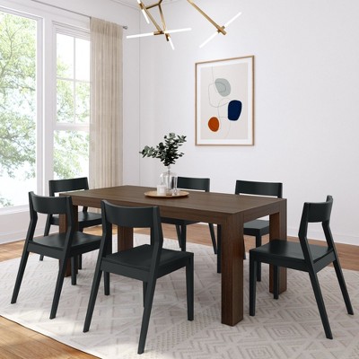 Plank+Beam 72" Modern Solid Wood Dining Table Set, Black Wirebrush, + 6 Chairs