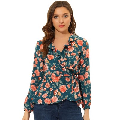 INSPIRE CHIC Women's Floral Print V Neck Tie Waist Ruffle Neck Chiffon Wrap Shirt
