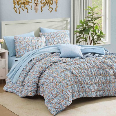 BAGOKIE 7pc Wildflower Puff Bed in a Bag Queen Size Comforter Set for All Season, Marigold