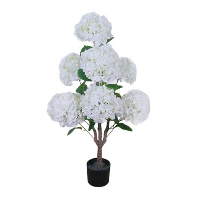 Artificial Hydrangea Tree, Fake Hydrangea Tree - 3ft Blooming Flower Tree with Realistic Leaves/Plastic Planter, Indoor/Outdoor