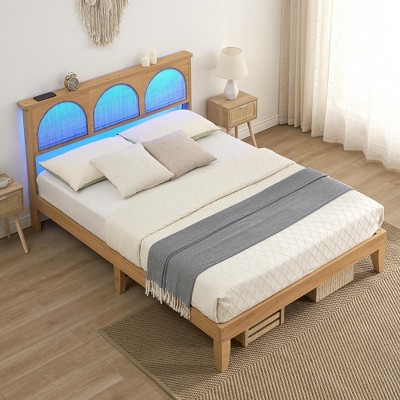 homfan 12.4 Inch Deluxe Solid Wood Bed Frame With Natural Rattan Headboard, Platform Bed Frame, Mattress Foundation, Noise-Free, No Box Spring Needed