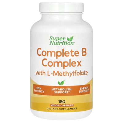 Super Nutrition Complete B Complex with L-Methylfolate with Biotin, Pantothenic Acid, Niacin and Vitamin B12, 180 Veggie Capsules