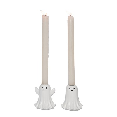 Transpac Resin Ghost Candle Holder Set of 2 Black Taper Holders for Halloween Tabletop and Mantel Decor Gift