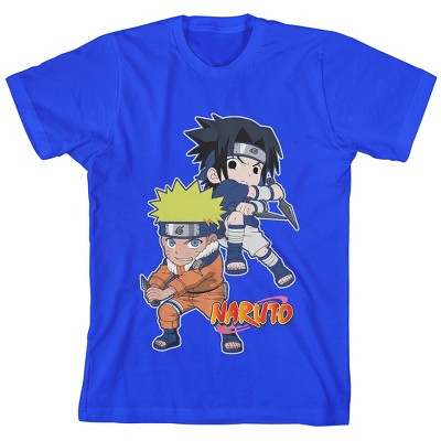 Naruto Classic Chibi Naruto and Sasuke Fight Stance Youth Royal Blue Tee With Short Sleeves And Crew Neck