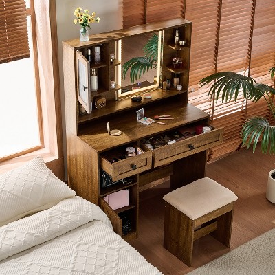 Farmhouse Makeup Vanity Desk with Mirror and Lights,Dressing Table Set with Charging Station and Stool,Drawers,Shelves and Side Cabinet