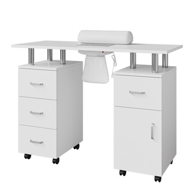 Nail Desk Station with Electric Downdraft Vent, Locking Castors, Wrist Cushion, Drawers & Cabinet for Spa Beauty Salon