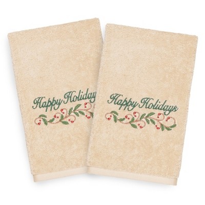 Linum Home Textiles Christmas Happy Holidays - Embroidered Luxury 100% Turkish Cotton Hand Towels (Set of 2)