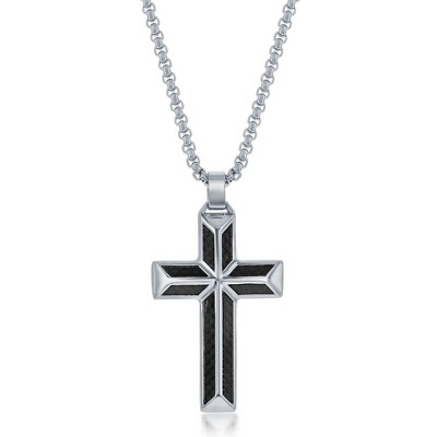 Metallo Mens Stainless Steel Black Carbon Fiber Cross Necklace - Black - 24 Inch