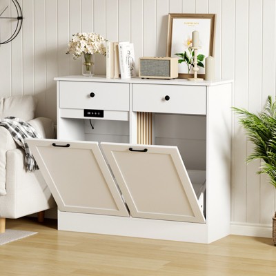 COZONY 20 Gallon Tilt Out Trash Can Cabinet, Double Bin Dog-Proof Garbage Cabinet with Hidden Drawer, Deodorizing Space-Saving Kitchen Furniture