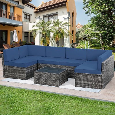 COWLOWN 7 Piece Outdoor Garden, Patio Furniture Set, Black Rattan Sectional Loveseat Couch Set, Conversation Sofa for Poolside, Backyard, Porch