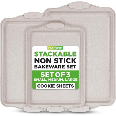 NutriChef 3-Piece Non-Stick Cookie Sheet Tray Set with Silicone Handles - Cream Marble (NCBKT3CM)