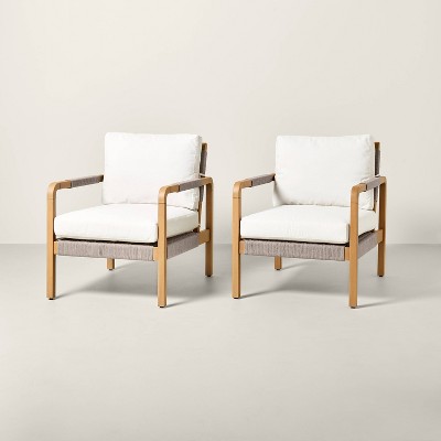 Wood & Rope Outdoor Patio Club Chairs (Set of 2) - Hearth & Hand™ with Magnolia: Weather-Resistant, Removable Cushions