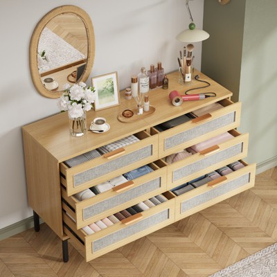6 Drawer Dresser for Bedroom, 47'' Mid-Century Modern Storage Cabinet with Fabric Fronts, Boho Chest of Drawers,Oak Dressers for Bedroom, Living Room