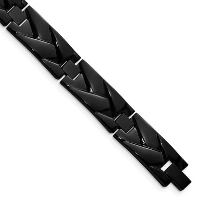 Black Bow Jewelry 12mm Black Plated Stainless Steel Grooved Weave Link Bracelet, 9 Inch