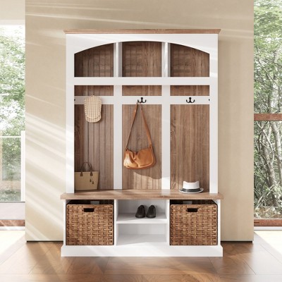 White and Oak Entryway Storage Bench with Hooks, Shelves, and 2 Woven Baskets Hall Tree