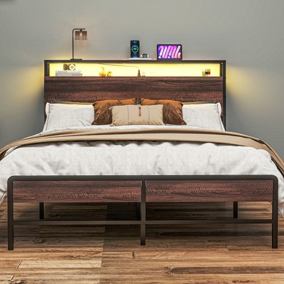 HOMCOM Bed Frame with Headboard, Size Bed Frame with Lights, Charging Station, Storage Shelf, Noise-Free & No Box Spring Needed, Walnut