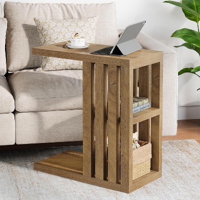 Tribesigns 3-Tier C Shaped End Table for Couch, Wooden Narrow Side Table for Living Room, Small Bedside Nightstand for Bedroom, Brown
