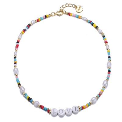 Guili 14K Yellow Gold Plated Multi-Color Beads Necklace with Freshwater Pearls & Love Tag in Circular Charms, A Heartwarming Jewelry Piece