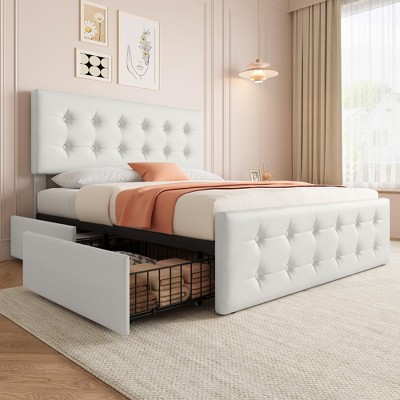 Bed Frame with 4 Storage Drawers and Linen Upholstered Headboard, Wooden Slats Support, Button Tufted Design, No Box Spring Needed