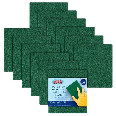 LOLA Green Heavy Duty Jumbo Scouring Fiber Pads, 6" x 6", Non Scratch, Non-Woven Scrubber, Stay Fresh & Remove Grease Baked On Foods, 12 Pack
