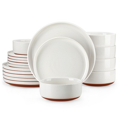 vancasso 18 Piece Set With Curved Edge Sesame Glaze, White plate surface Khaki plate bottom, With 6 dinner plates/dessert plates/cereal bowls