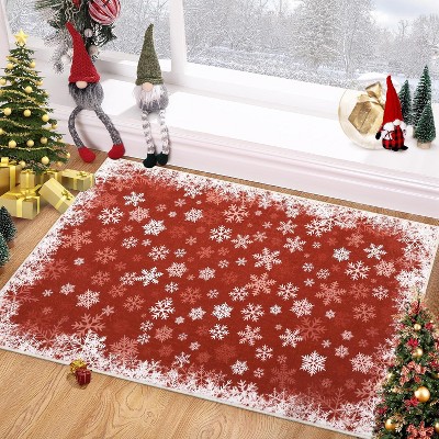 Snowflake Christmas Rug, Non-Slip Washable Holiday Throw Mat, Low Pile Soft Floor Carpet for Bedroom Bathroom Hallway