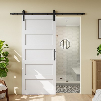 SMARTSTANDARD 84 in. Height White Barn Door with 5FT Sliding Door Hardware Kit & Handle - Predrilled, Water-Proof, Ready to Assemble, 5-Panel