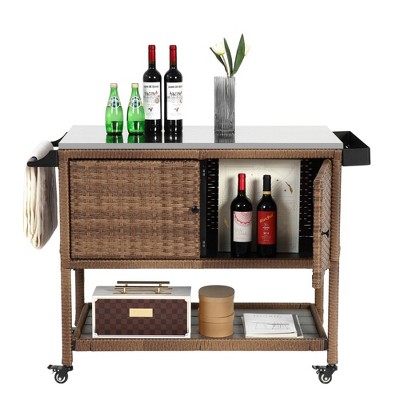 NAYSAYE Bar Serving Cart Outdoor Wicker Wine and Beverage Storage with Stainless Steel Top for Patio , Brown, 47.24"*20.12"*35.04"