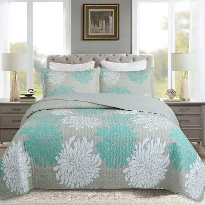 Marcielo 3 Pcs Lightweight Printed Leaf Floral Bedspread Set