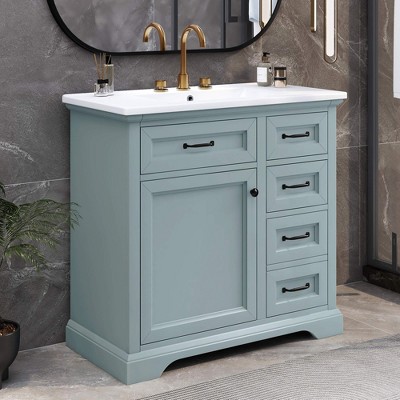 ORRD 36" Grey Bathroom Vanity with Ceramic Sink, 2 Tip-Out Drawers & Soft-Close Door Hinges for Modern Bathrooms