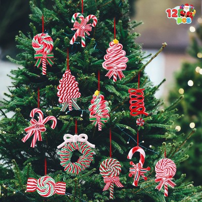 Joyfy Christmas Ornaments, 12 Pcs Christmas Tree Ornaments Set with Candy Cane and Wreaths, Christmas Tree Decoration, Polymer Clay Ornaments