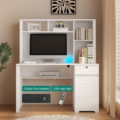 51in Computer Desk with Hutch and Lockable Drawers, Built-In Outlets for Study or Workstation-3irtyhousy