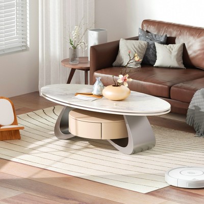 ATJafurn 47.2'' Oval Modern Coffee Table Luxury Faux Marble Top Stainless Steel Base