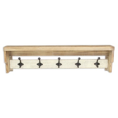 HomeRoots 32" Natural Wood Five Hook Wall Mount Coat Rack