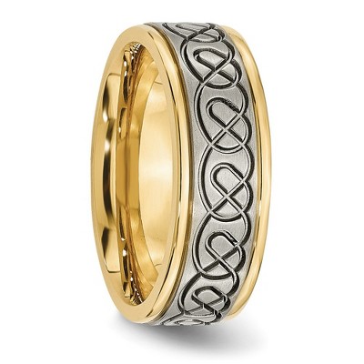 Chisel Titanium Brushed and Polished Yellow IP-plated Scroll Design 8mm Grooved Edge Band Ring