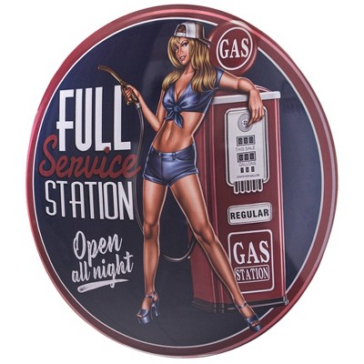 15" x 15" Gas Station Pinup Girl Dome Metal Sign Dark Blue - American Art Decor