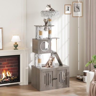 Cat Tree with Litter Box Enclosure, Hidden Washroom Litter Box Tree with Sisal Scratching Post and Soft Plush Perch, Cat Furniture with Platforms