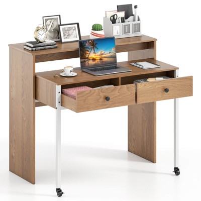 Costway 39.5" Expandable Rolling Computer Desk with Monitor Shelf 2-tier Desktop 2 Drawers Natural/Brown/Black