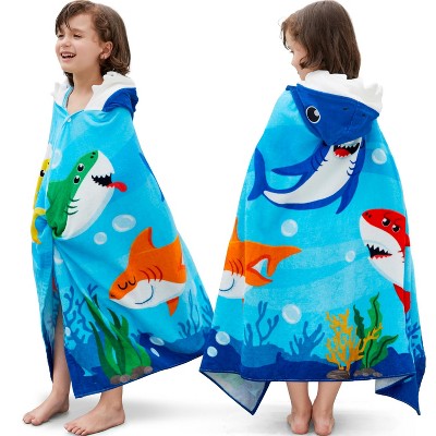 Joyfy Kids Shark Hooded Towels - 30" x 50" Ultra-Soft 100% Cotton Beach Towels for Boys Aged 3-10, Absorbent Pool & Bath Pulover Wrap for Toddlers