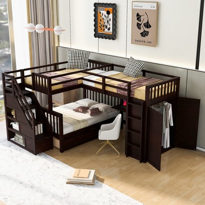Twin-Twin Over Full L-Shaped Bunk Bed with 3 Drawers, Portable Desk, Wardrobe and Extra Storage for Bedroom, Gray/White/Espresso - ModernLuxe
