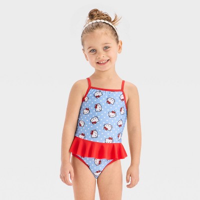 Toddler Girls' Hello Kitty Polka Dot One Piece Swimsuit - Light Blue/Red