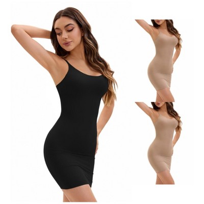 INSPIRE CHIC Women's 3 Packs Adjustable Spaghetti Strap Cami Full Slips Tummy Control Under Dress Nightwear