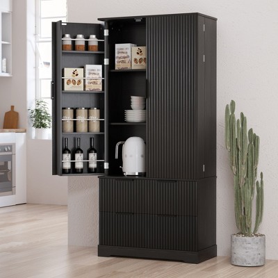 NicBex Modern Fluted High Kitchen Pantry Cabinet with Adjustable Storage & Drawers,Freestanding Cupboard Buffet Cabinet for Kitchen,Dining Room