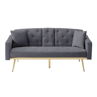 67.7"Futon Convertible Sleeper Sofa,Tufted Back,Square Arms and Golden Tapered Metal Legs,Velvet Twin Futon Sofa,Dark Gray